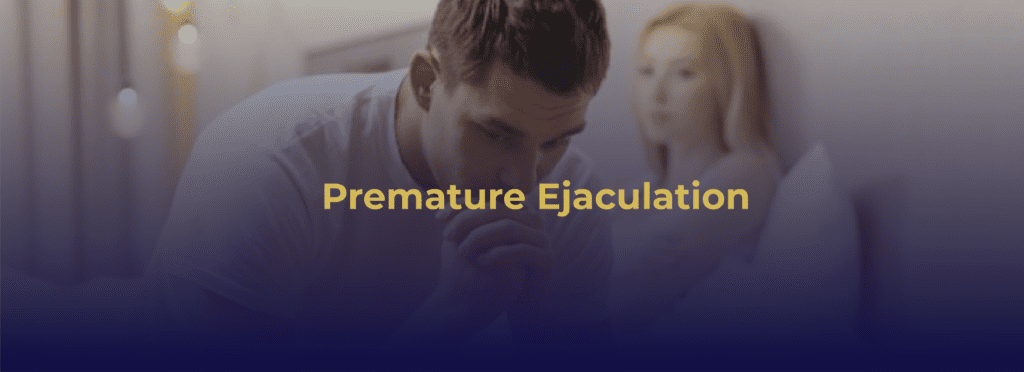 A man and woman sitting on a bed with a blue gradient background and the title ‘Premature Ejaculation’.