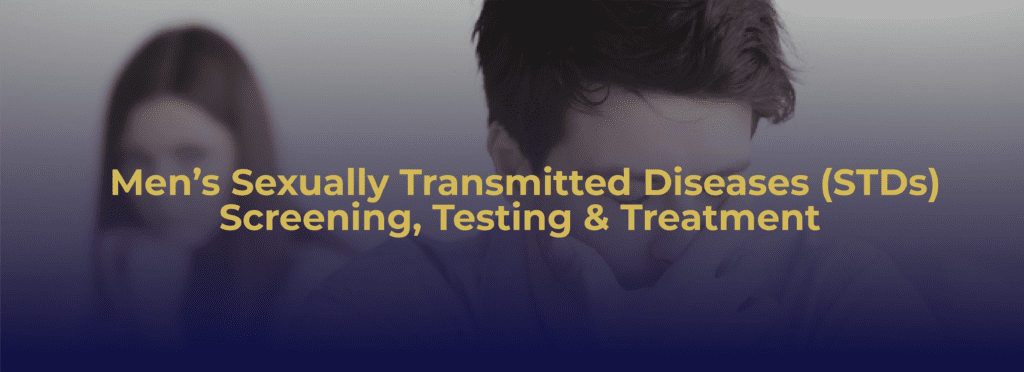 A man and woman with a blue gradient background and the title ‘STDs Screening, Testing & Treatment’.