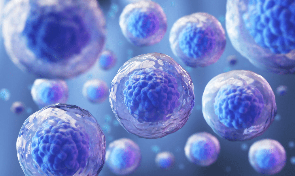 Vivid blue depiction of a human cell, highlighting its intricate structures.